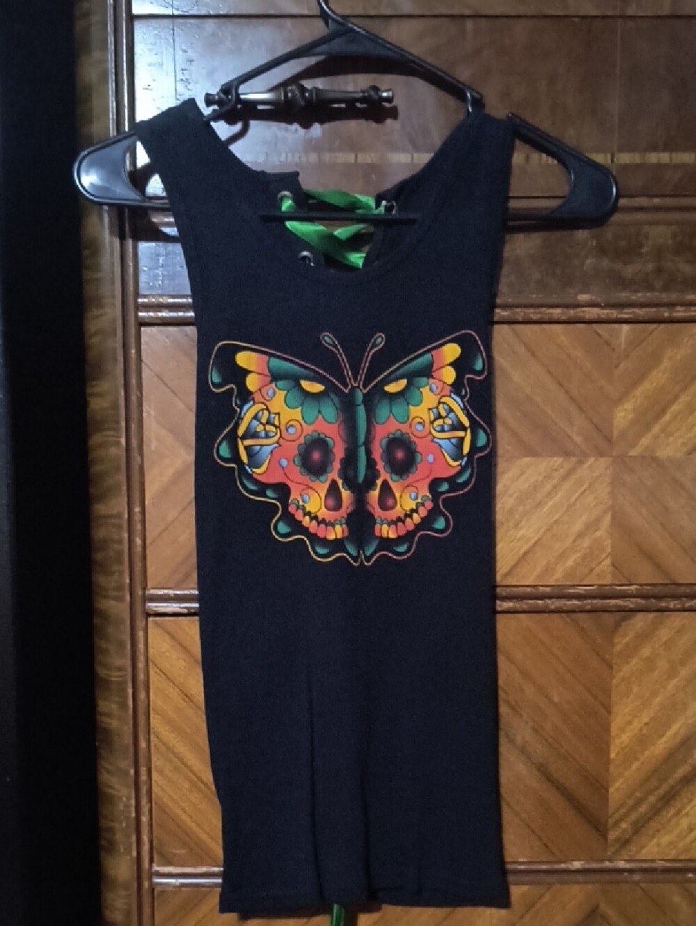 Women's Black Tank Top with Colorful Butterfly Skull Graphic